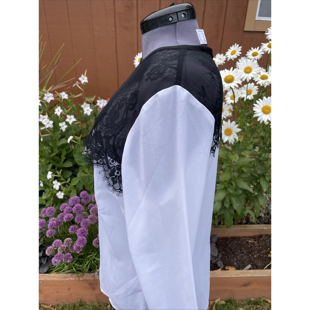 Venus White Button Back Blouse Size 14 Black Lace Yoke Whimsigoth Goth Tunic Top - Picture 11 of 12